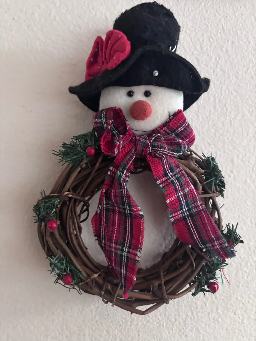 Mini Festive Snowman Grapevine Wreath with Red Plaid Bow
